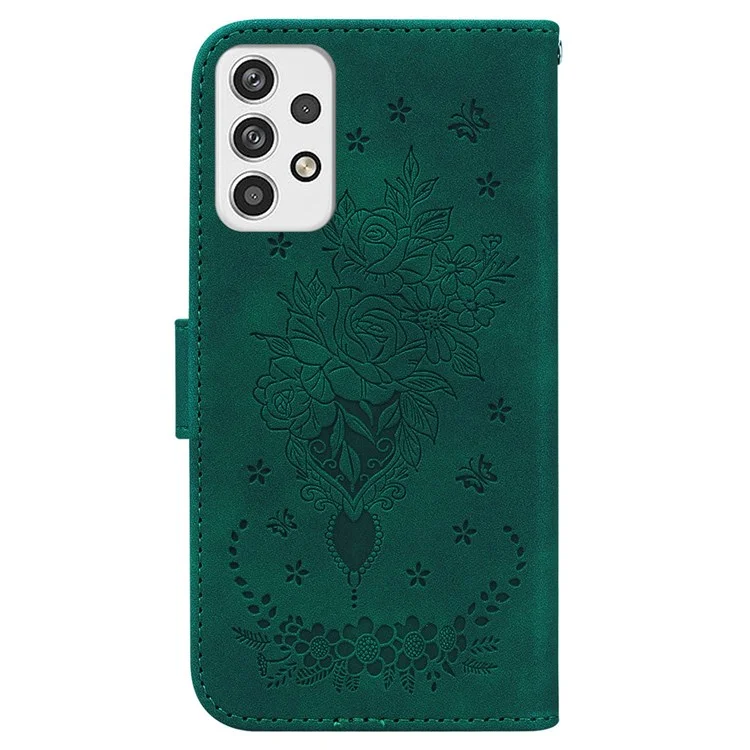 For Samsung Galaxy A23 5G (Global Version) / 4G Anti-drop Phone Cover Imprinting Roses Butterflies Pattern Leather Case Impact-resistant Wallet Stand - Green