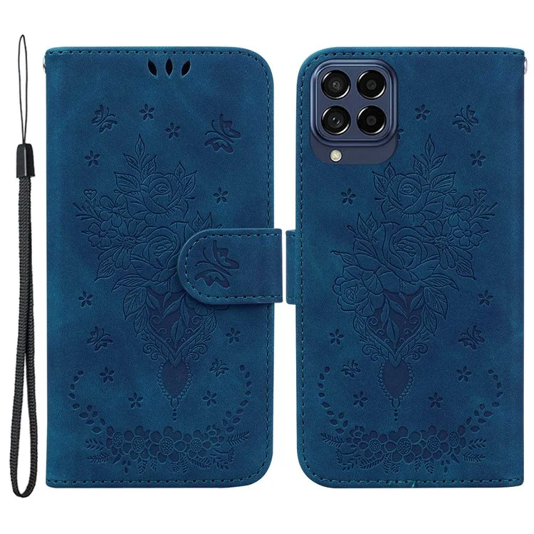 For Samsung Galaxy M33 5G (Global Version) Anti-scratch Phone Cover Imprinting Roses Butterflies Pattern Shockproof Leather Phone Case Wallet Stand - Blue