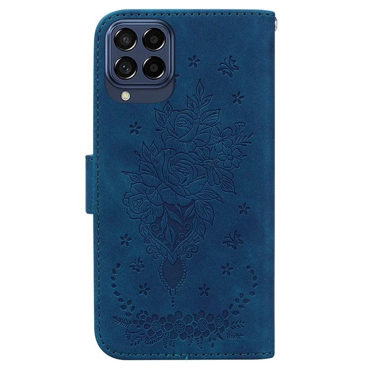 For Samsung Galaxy M33 5G (Global Version) Anti-scratch Phone Cover Imprinting Roses Butterflies Pattern Shockproof Leather Phone Case Wallet Stand - Blue