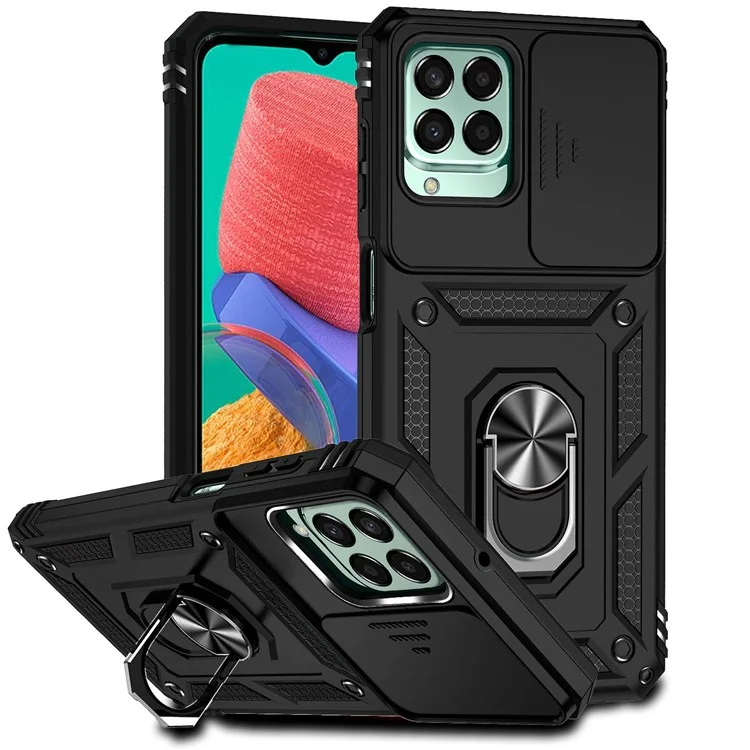 for Samsung Galaxy M33 5G (Global Version) Ring Kickstand Phone Case Anti-fall Protection Hard PC + TPU Shell with Slide Camera Protection Cover - Black