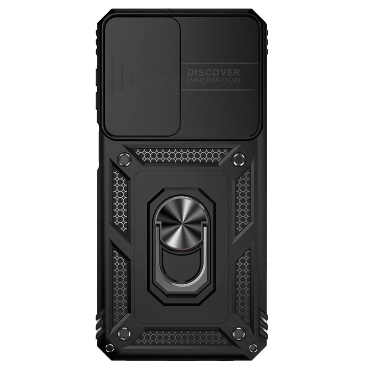 for Samsung Galaxy M33 5G (Global Version) Ring Kickstand Phone Case Anti-fall Protection Hard PC + TPU Shell with Slide Camera Protection Cover - Black