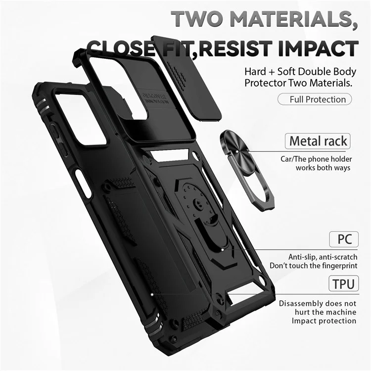 for Samsung Galaxy M33 5G (Global Version) Ring Kickstand Phone Case Anti-fall Protection Hard PC + TPU Shell with Slide Camera Protection Cover - Black