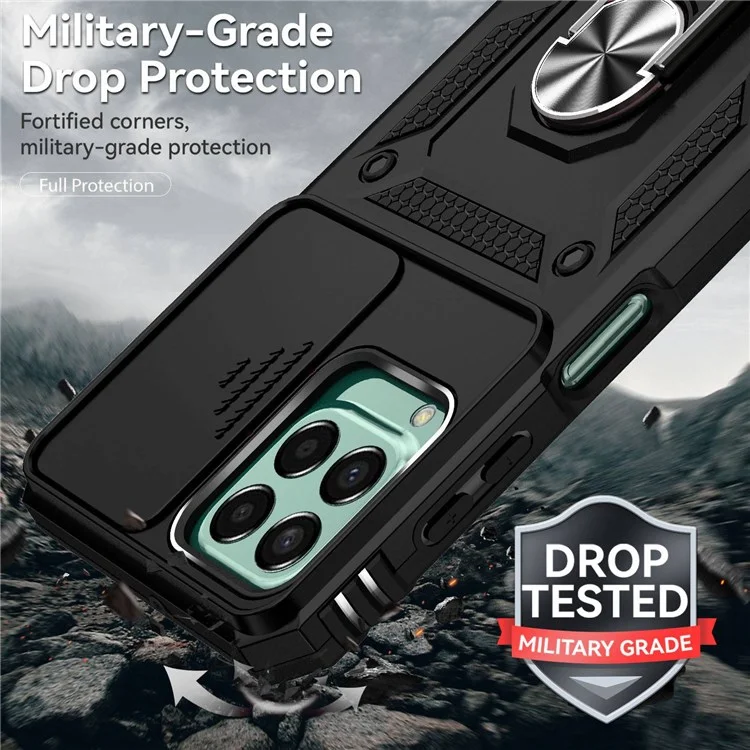 for Samsung Galaxy M33 5G (Global Version) Ring Kickstand Phone Case Anti-fall Protection Hard PC + TPU Shell with Slide Camera Protection Cover - Black