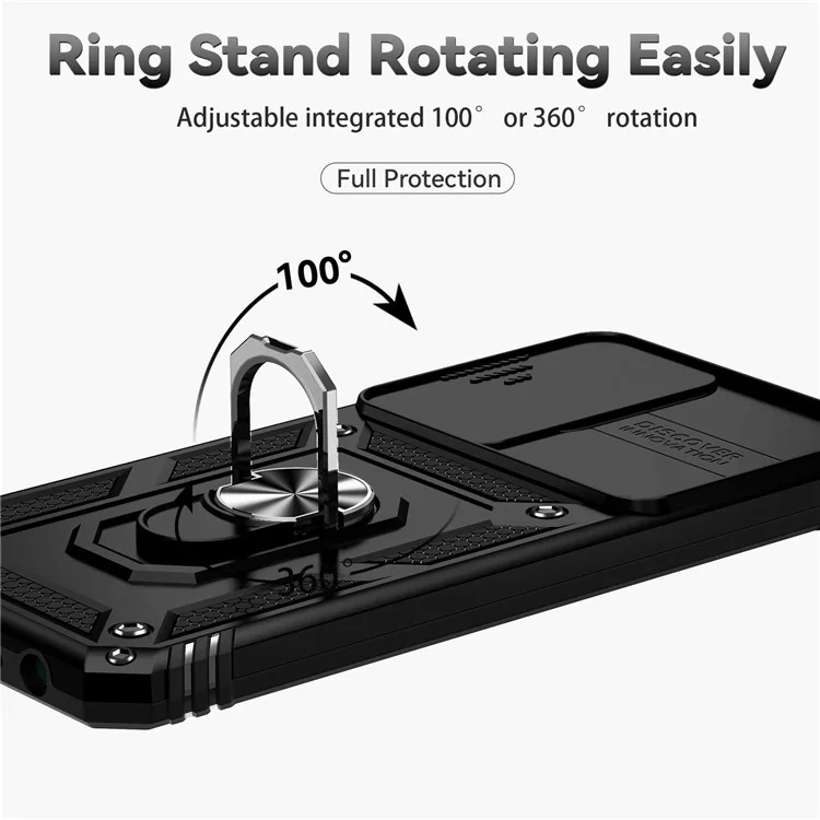 for Samsung Galaxy M33 5G (Global Version) Ring Kickstand Phone Case Anti-fall Protection Hard PC + TPU Shell with Slide Camera Protection Cover - Black