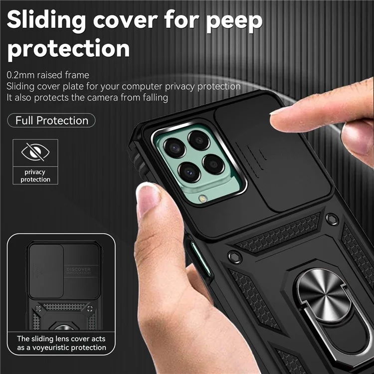 for Samsung Galaxy M33 5G (Global Version) Ring Kickstand Phone Case Anti-fall Protection Hard PC + TPU Shell with Slide Camera Protection Cover - Black