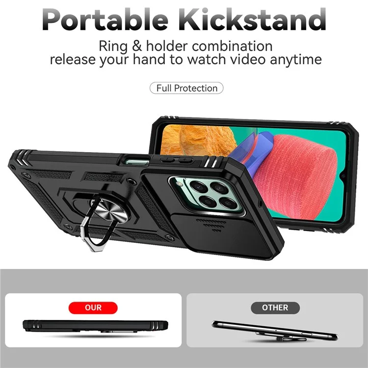 for Samsung Galaxy M33 5G (Global Version) Ring Kickstand Phone Case Anti-fall Protection Hard PC + TPU Shell with Slide Camera Protection Cover - Black