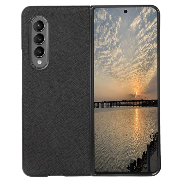 For Samsung Galaxy Z Fold4 5G Cross Texture Non-Slip Grip Back Case PU Leather Coated PC + TPU Shockproof Cover - Black