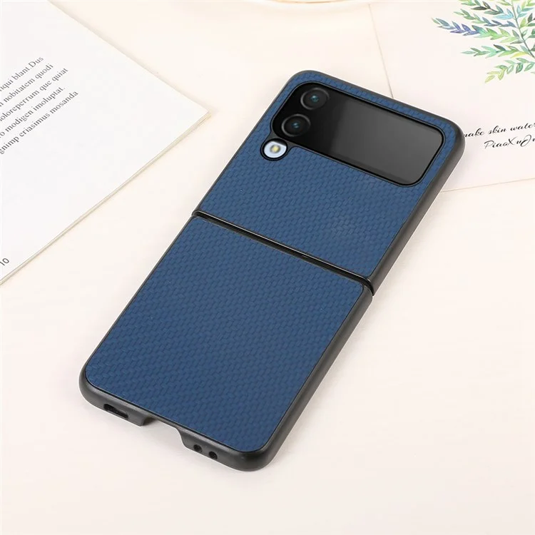 Para Samsung Galaxy Z Flip4 5G Funda de Teléfono con Textura de Fibra de Carbono Revestida de Cuero de PU Duro de PC+Suave TPU Cubierta Antichoque - Azul