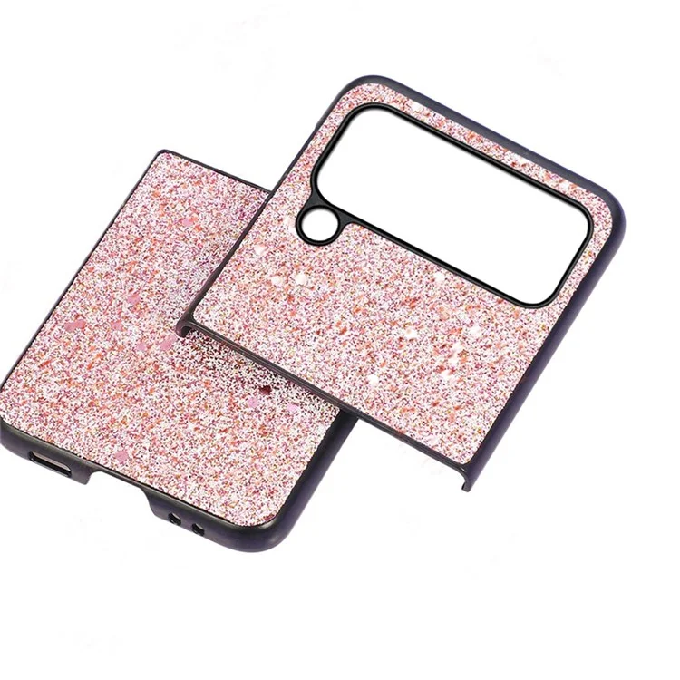 For Samsung Galaxy Z Flip4 5G Glitter Skin Protective Cover PU Leather Coated PC Anti-Slip Shockproof Protective Phone Case - Pink