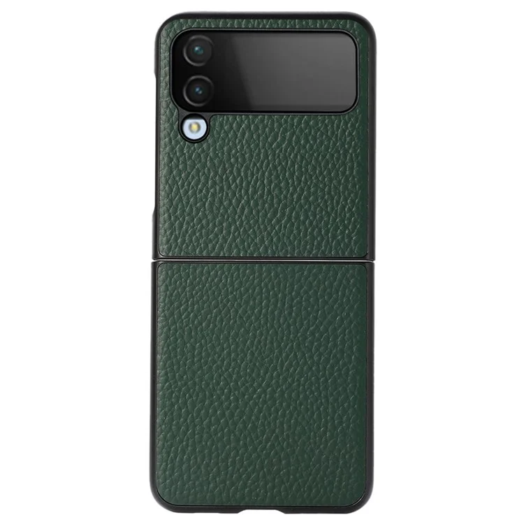 For Samsung Galaxy Z Flip4 5G Litchi Texture Genuine Leather Phone Case TPU+PC Hybrid Shock-Absorption Shell - Green