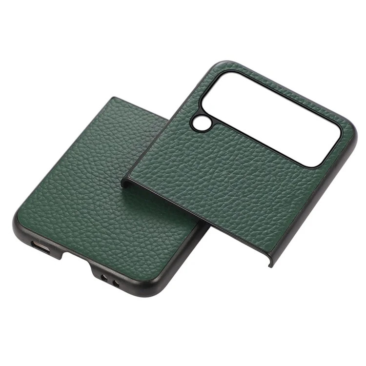 For Samsung Galaxy Z Flip4 5G Litchi Texture Genuine Leather Phone Case TPU+PC Hybrid Shock-Absorption Shell - Green