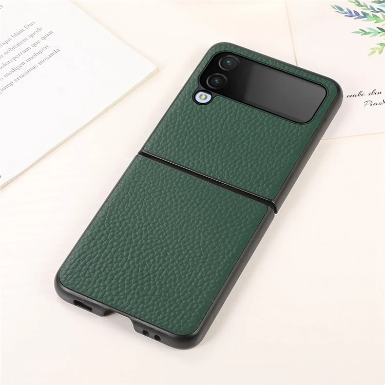 For Samsung Galaxy Z Flip4 5G Litchi Texture Genuine Leather Phone Case TPU+PC Hybrid Shock-Absorption Shell - Green