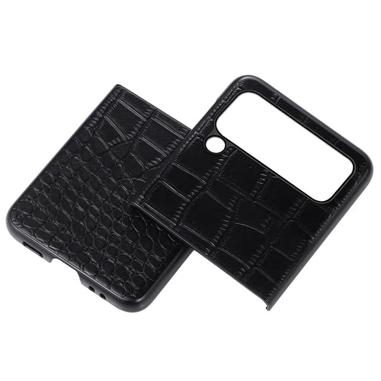 Pour Samsung Galaxy Z Flip4 5G Résistant à l'usure Texture de crocodile Anti-chute Véritable Cuir de Vache Revêtu de PC Étui de Téléphone - Noir