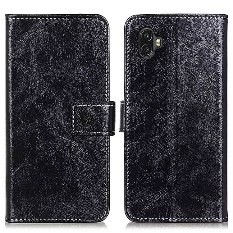 Phone Flip Leather Case for Samsung Galaxy Xcover 6 Pro Crazy Horse Texture Full Covering Phone Case Wallet Stand - Black
