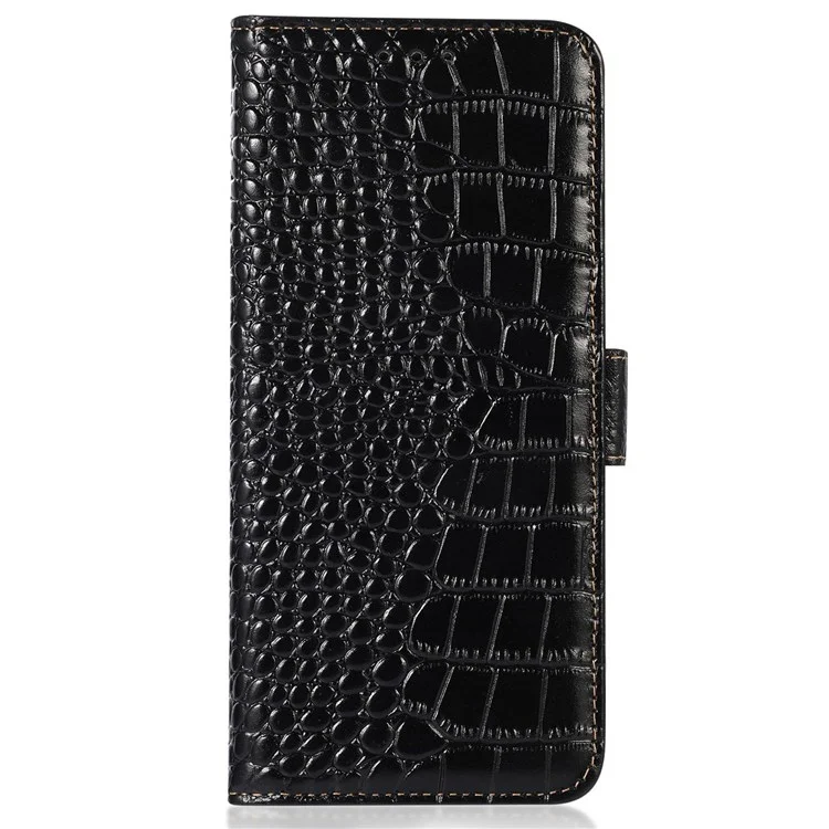 Для Samsung Galaxy Xcover 6 Pro Genuine Cowhide Leather RFID Blocking Phone Case Crocodile Texture Stand Wallet Cover - Black