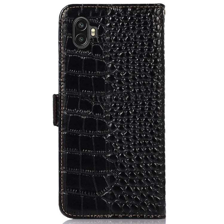 Для Samsung Galaxy Xcover 6 Pro Genuine Cowhide Leather RFID Blocking Phone Case Crocodile Texture Stand Wallet Cover - Black