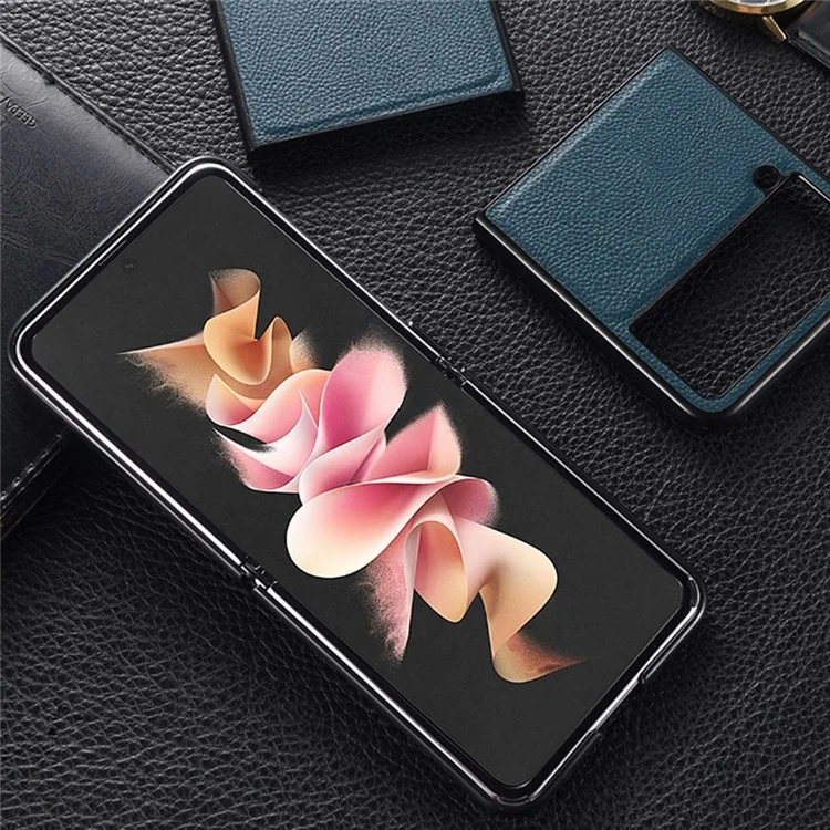 Для Samsung Galaxy Z Flip4 5G износостойкий верхний слой натуральной кожи + чехол из поликарбоната для телефона-защитник - черный