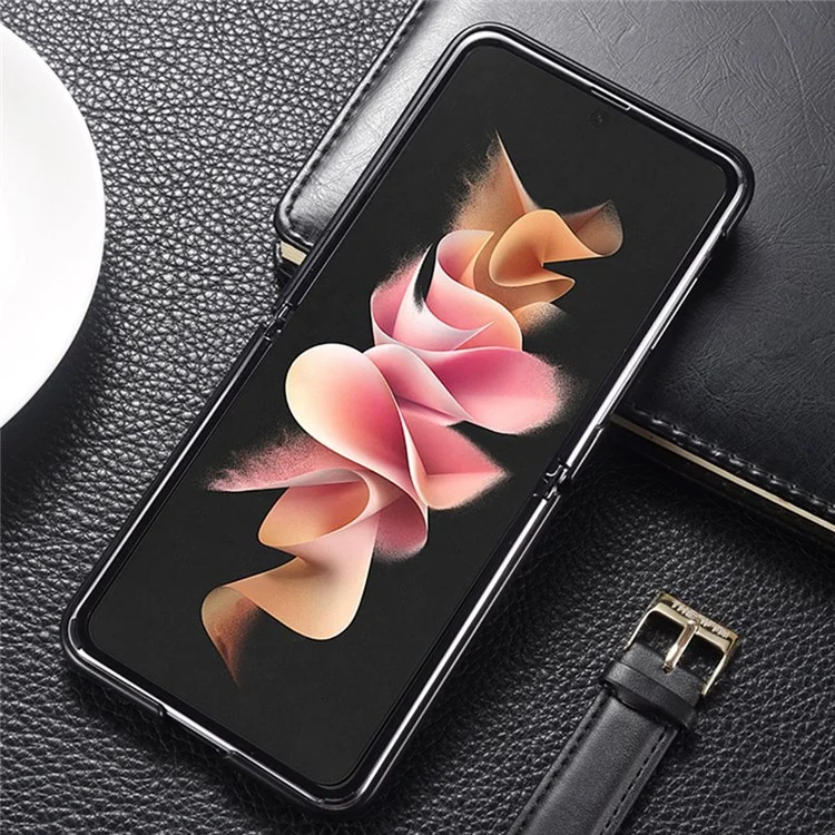 Для Samsung Galaxy Z Flip4 5G износостойкий верхний слой натуральной кожи + чехол из поликарбоната для телефона-защитник - черный