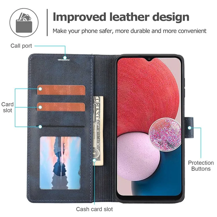 Pour Samsung Galaxy A13 4G Scratch-resistant Splicing Leather Case Wallet Stand Magnetic Clasp Protector - Bleu