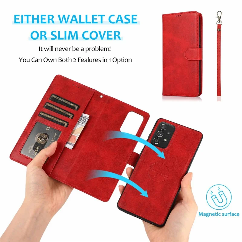For Samsung Galaxy A33 5G Detachable 2-in-1 PU Leather Stand Wallet Phone Case with Wrist Strap - Red