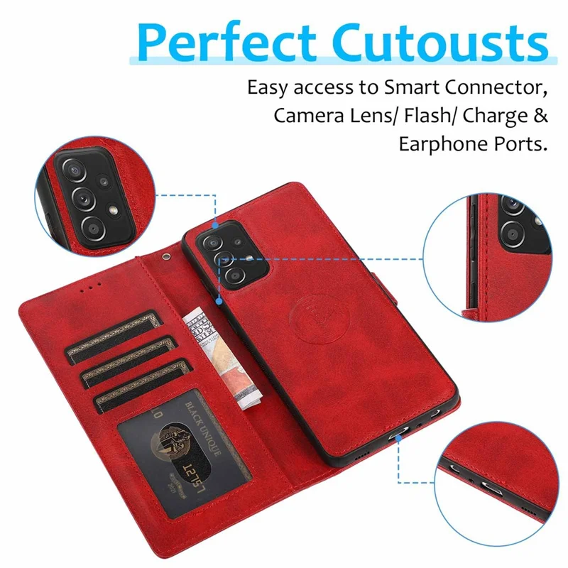 For Samsung Galaxy A33 5G Detachable 2-in-1 PU Leather Stand Wallet Phone Case with Wrist Strap - Red