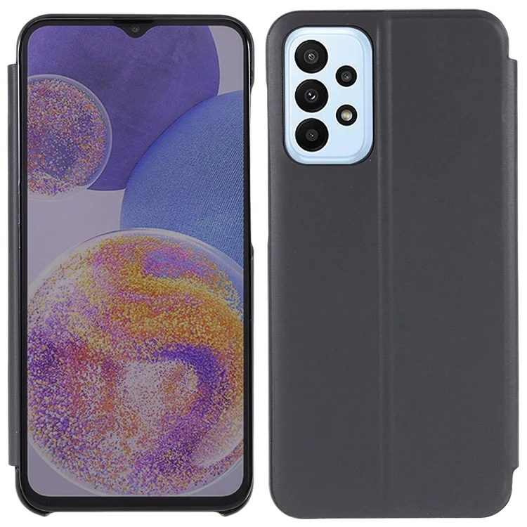 Per Samsung Galaxy A23 5G (versione globale) / 4G Smart View Window Mirror Case Electroplate Stand PU Leather Shockproof Cover - Nero