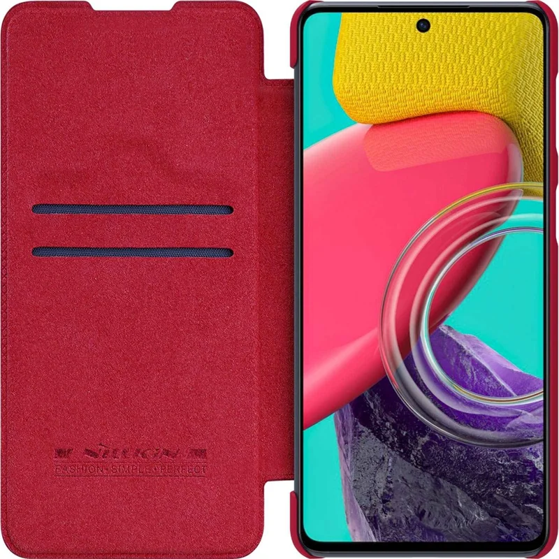 NILLKIN Qin Series for Samsung Galaxy M53 5G Scratch-resistant Anti-fall Card Holder PU Leather Shell Phone Case - Red