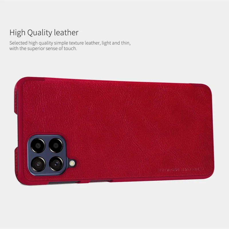 NILLKIN Qin Series for Samsung Galaxy M53 5G Scratch-resistant Anti-fall Card Holder PU Leather Shell Phone Case - Red