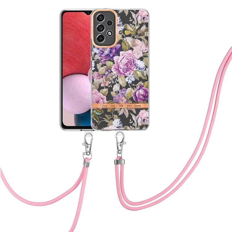 Série YB IMD-11 pour Samsung Galaxy A13 4G IML Electroplating Flower Pattern IMD Drop-proof Well-protected Soft TPU Phone Case with Lanyard - HC006 Purple Peony