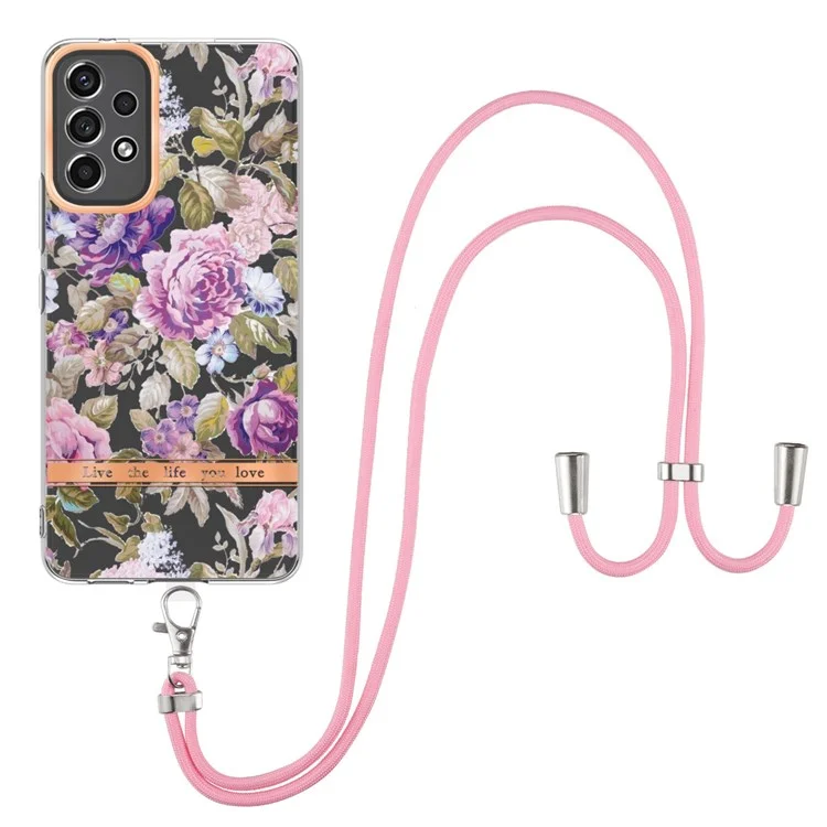 Série YB IMD-11 pour Samsung Galaxy A13 4G IML Electroplating Flower Pattern IMD Drop-proof Well-protected Soft TPU Phone Case with Lanyard - HC006 Purple Peony
