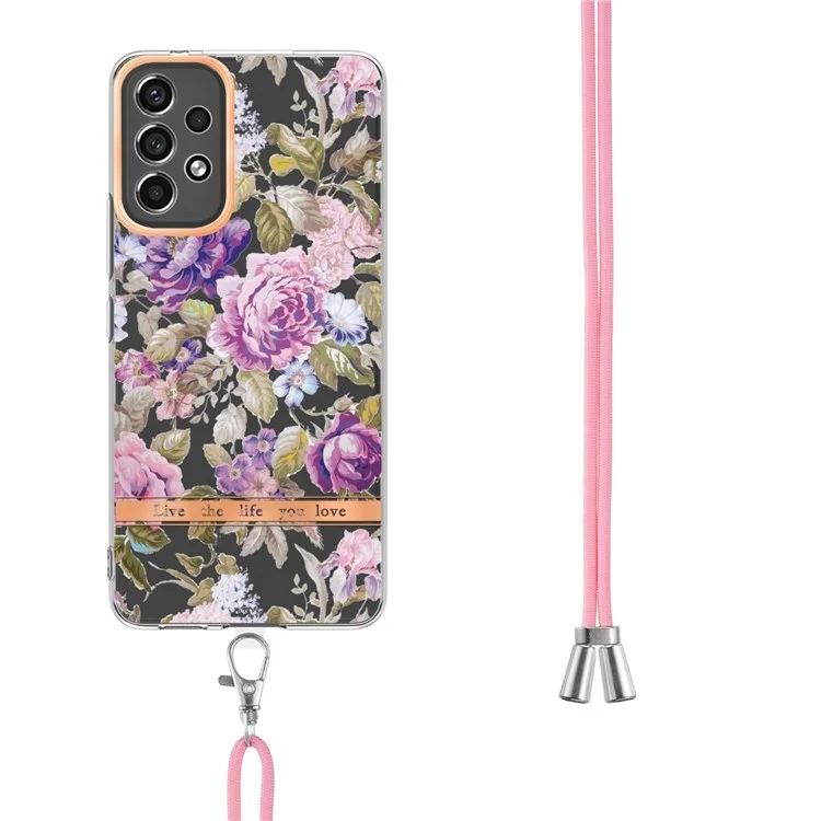 Série YB IMD-11 pour Samsung Galaxy A13 4G IML Electroplating Flower Pattern IMD Drop-proof Well-protected Soft TPU Phone Case with Lanyard - HC006 Purple Peony