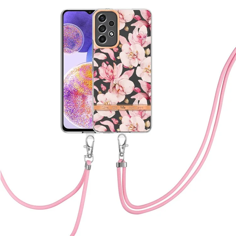 For Samsung Galaxy A23 5G (Global Version) / 4G Back Cover with Shoulder Strap Flower Pattern Electroplating TPU Case - HC005 Pink Gardenia