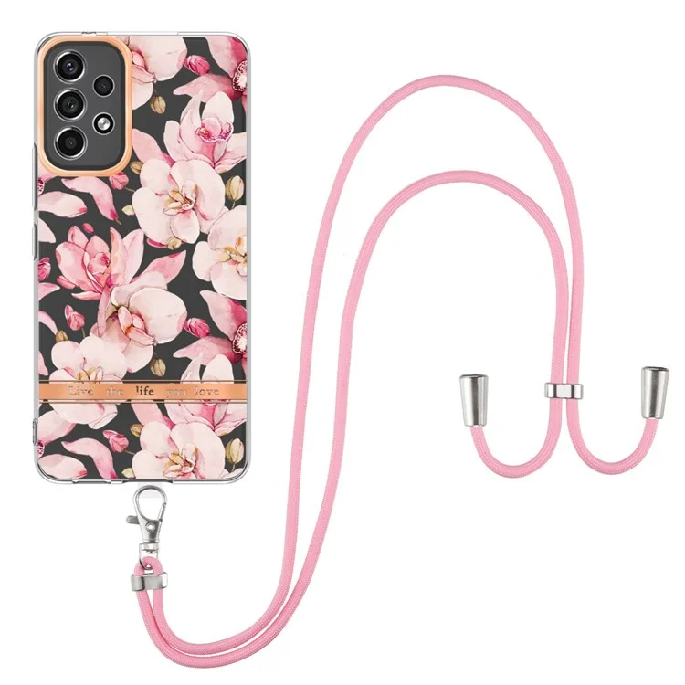 For Samsung Galaxy A23 5G (Global Version) / 4G Back Cover with Shoulder Strap Flower Pattern Electroplating TPU Case - HC005 Pink Gardenia