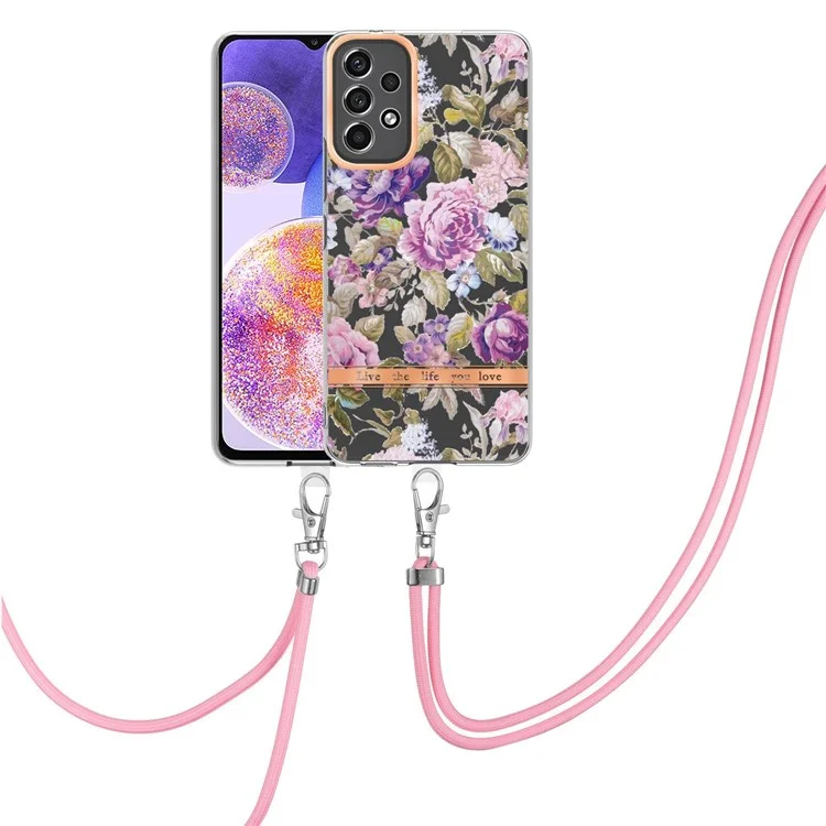Estuche de Teléfono de la Serie YB IMD-11 Para Samsung Galaxy A23 4G (165.4 x 76.9 x 8.4 Mm), TPU Soft TPU IMD Anti-wear Stylish Flower Pattern Cubierta Con Cordón - HC006 Purple Peony