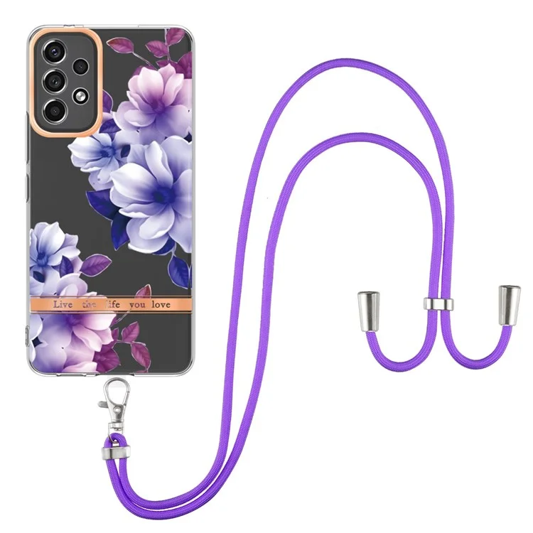Custodia Per Telefono Della Serie IMD-11 YB Per Samsung Galaxy A23 4G (165,4 x 76,9 x 8,4 Mm), TPU Morbido IMD IMD Elegante Flower Elegish Flower Electroplating With Lanyard - HC004 Purple Begonia