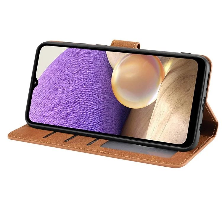 For Samsung Galaxy A13 4G / 5G / A04s 4G (164.7 x 76.7 x 9.1 mm) Anti-scratch Anti-fall PU Leather Wallet Case Stand Function Magnetic Cover with Wrist Strap - Brown