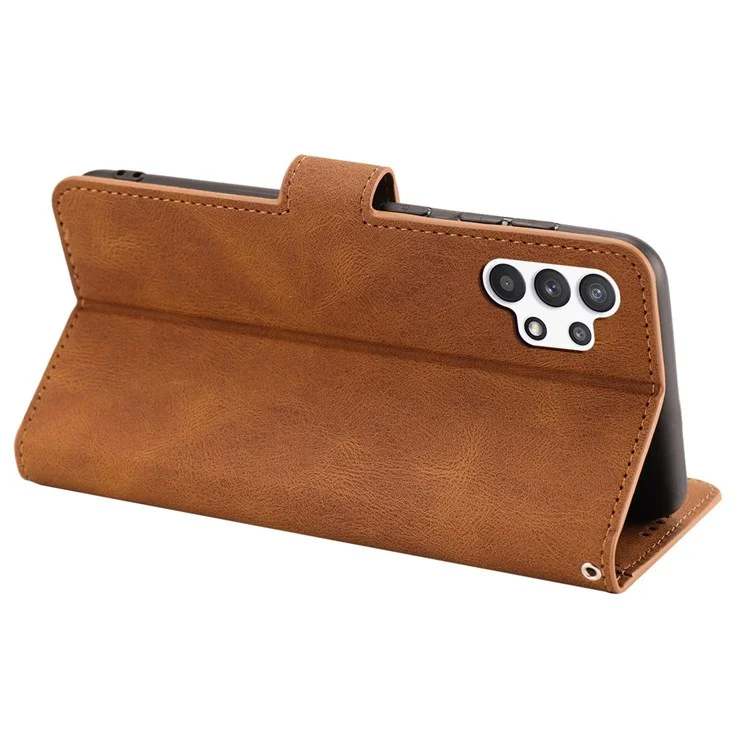 For Samsung Galaxy A13 4G / 5G / A04s 4G (164.7 x 76.7 x 9.1 mm) Anti-scratch Anti-fall PU Leather Wallet Case Stand Function Magnetic Cover with Wrist Strap - Brown