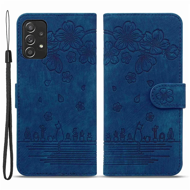 Für Samsung Galaxy A53 5G Drop-proof Wallet Case Cherry Blossom Cat Imprinted PU Leather Stand Anti-scratch Flip Cover mit Riemen - Blau