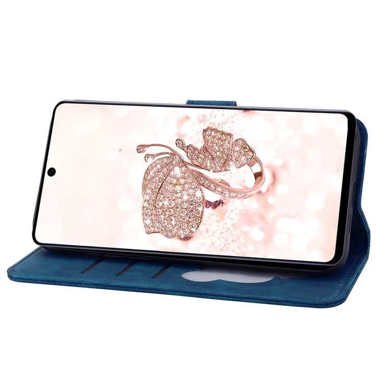 Für Samsung Galaxy A53 5G Drop-proof Wallet Case Cherry Blossom Cat Imprinted PU Leather Stand Anti-scratch Flip Cover mit Riemen - Blau