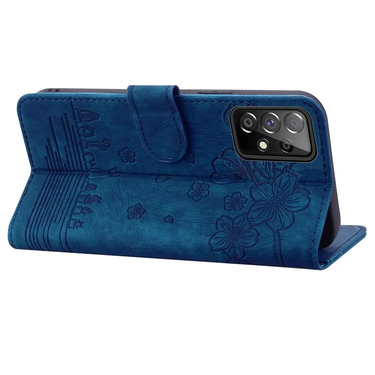 Für Samsung Galaxy A53 5G Drop-proof Wallet Case Cherry Blossom Cat Imprinted PU Leather Stand Anti-scratch Flip Cover mit Riemen - Blau