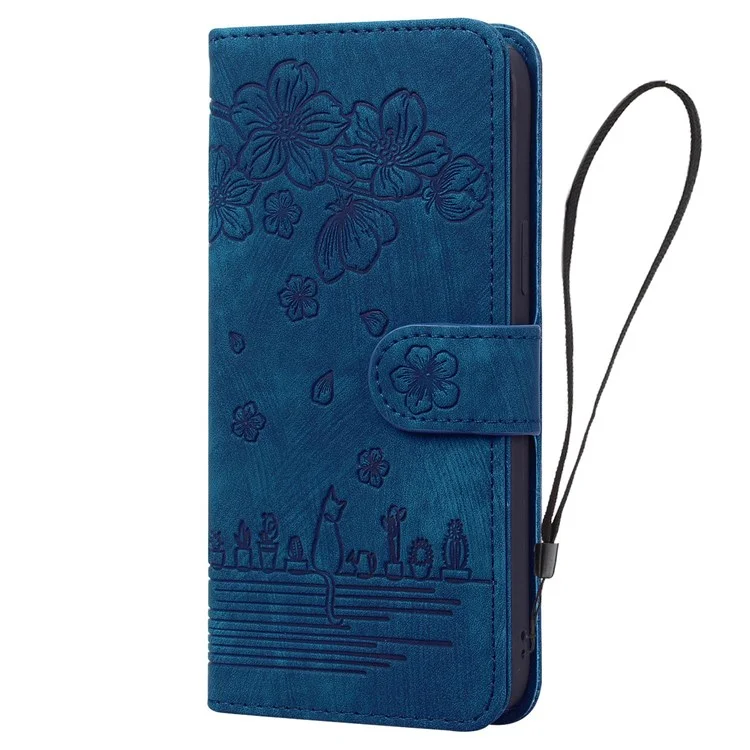 Für Samsung Galaxy A53 5G Drop-proof Wallet Case Cherry Blossom Cat Imprinted PU Leather Stand Anti-scratch Flip Cover mit Riemen - Blau