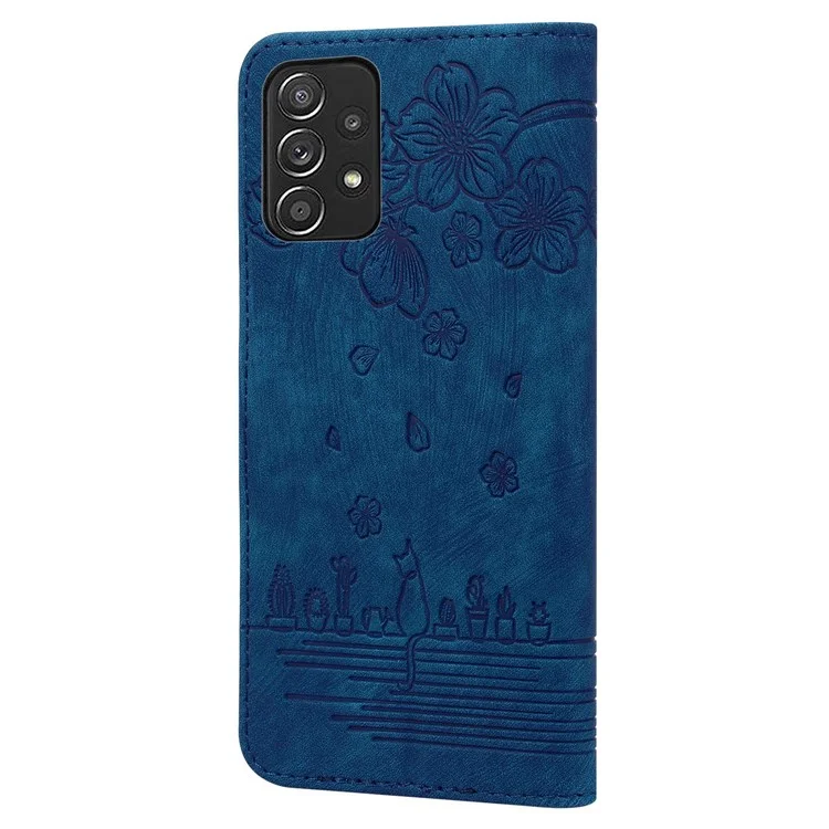 Für Samsung Galaxy A53 5G Drop-proof Wallet Case Cherry Blossom Cat Imprinted PU Leather Stand Anti-scratch Flip Cover mit Riemen - Blau