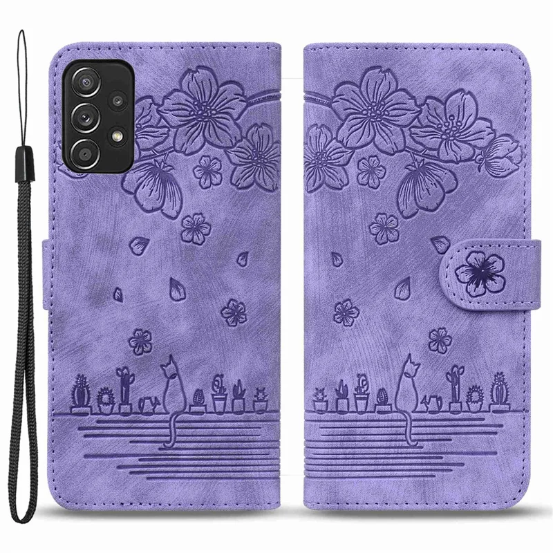 Til Samsung Galaxy A53 5G Stødfast Wallet Case med Kirsebærblomst og Kat i PU-læder Stand Anti-skramme Flip Cover med Snor - Lilla