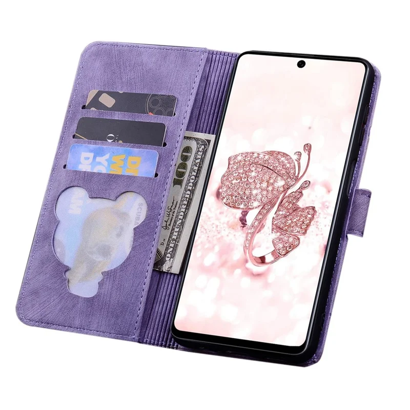 Til Samsung Galaxy A53 5G Stødfast Wallet Case med Kirsebærblomst og Kat i PU-læder Stand Anti-skramme Flip Cover med Snor - Lilla