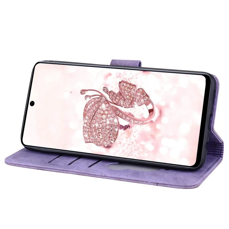 Til Samsung Galaxy A53 5G Stødfast Wallet Case med Kirsebærblomst og Kat i PU-læder Stand Anti-skramme Flip Cover med Snor - Lilla