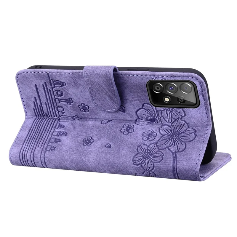 Til Samsung Galaxy A53 5G Stødfast Wallet Case med Kirsebærblomst og Kat i PU-læder Stand Anti-skramme Flip Cover med Snor - Lilla