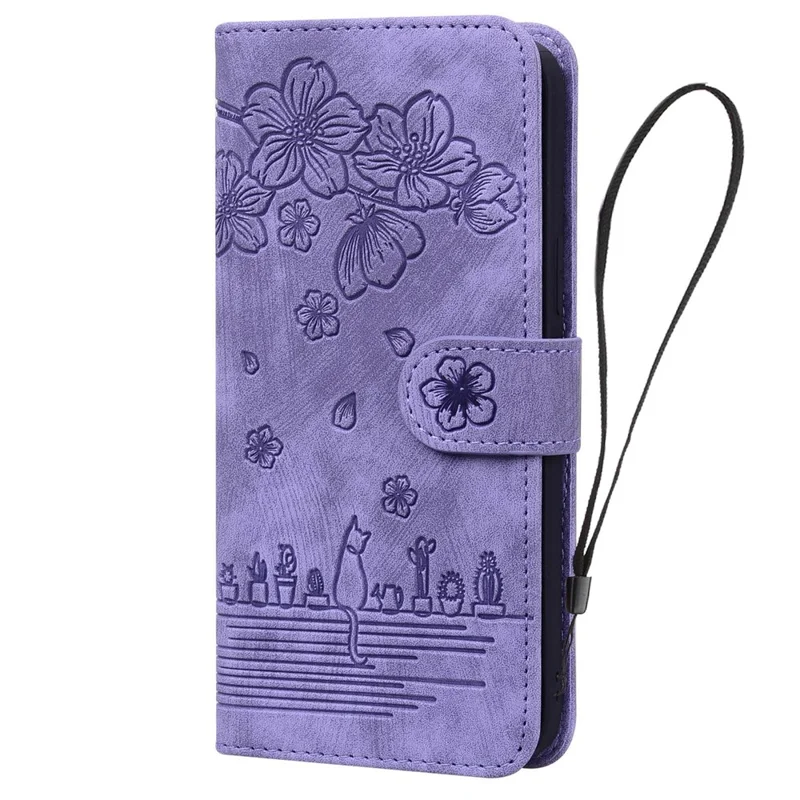 Til Samsung Galaxy A53 5G Stødfast Wallet Case med Kirsebærblomst og Kat i PU-læder Stand Anti-skramme Flip Cover med Snor - Lilla
