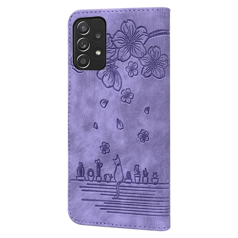 Til Samsung Galaxy A53 5G Stødfast Wallet Case med Kirsebærblomst og Kat i PU-læder Stand Anti-skramme Flip Cover med Snor - Lilla