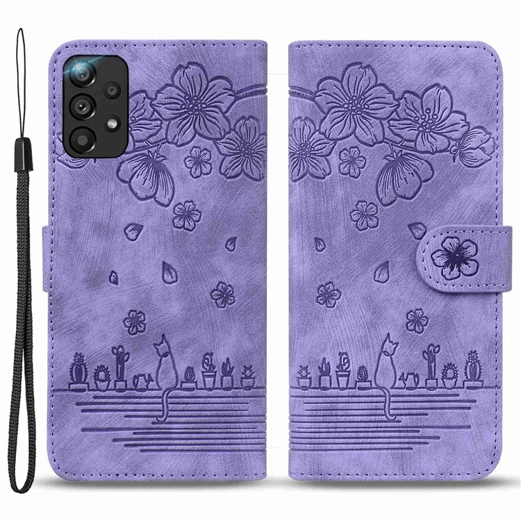 Per Samsung Galaxy A33 5G Anti-fall Full Covering Phone Wallet Case Cherry Blossom Cat Imprinted PU Leather Stand Flip Cover with Strap - Viola