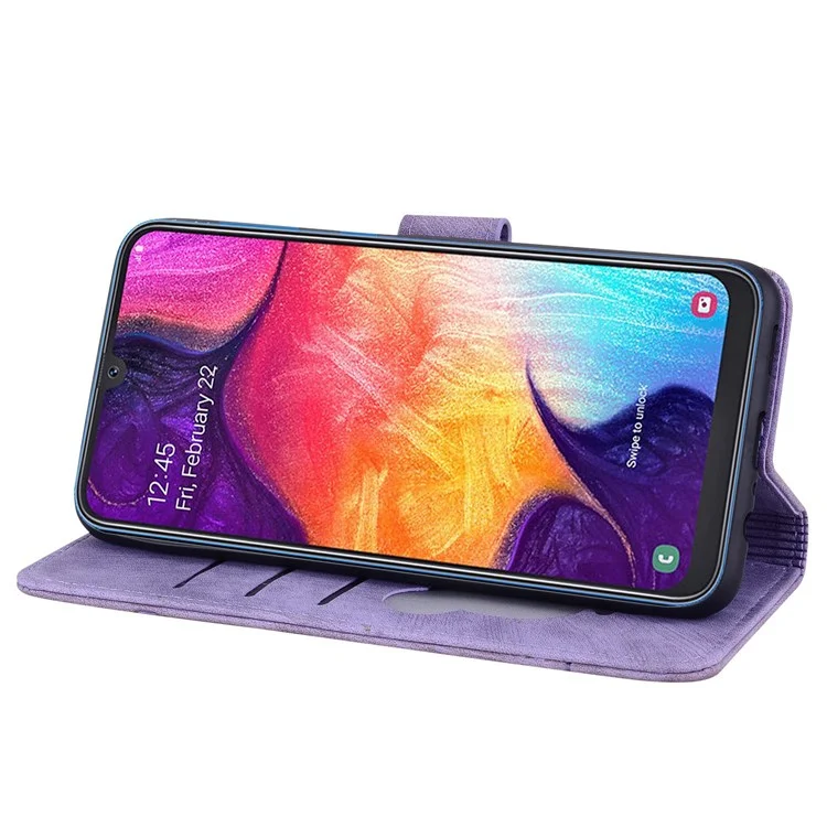 Per Samsung Galaxy A33 5G Anti-fall Full Covering Phone Wallet Case Cherry Blossom Cat Imprinted PU Leather Stand Flip Cover with Strap - Viola